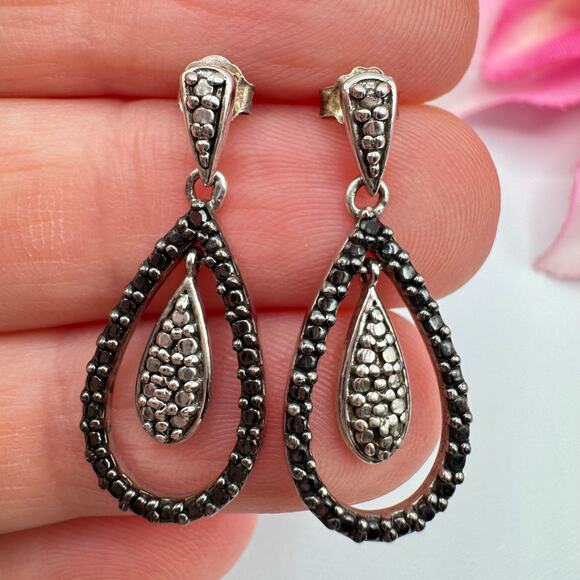 FAS THAI 925 Sterling Silver Earrings Teardrop Faux Marcasite Pebbled Milgrain - Picture 2 of 11